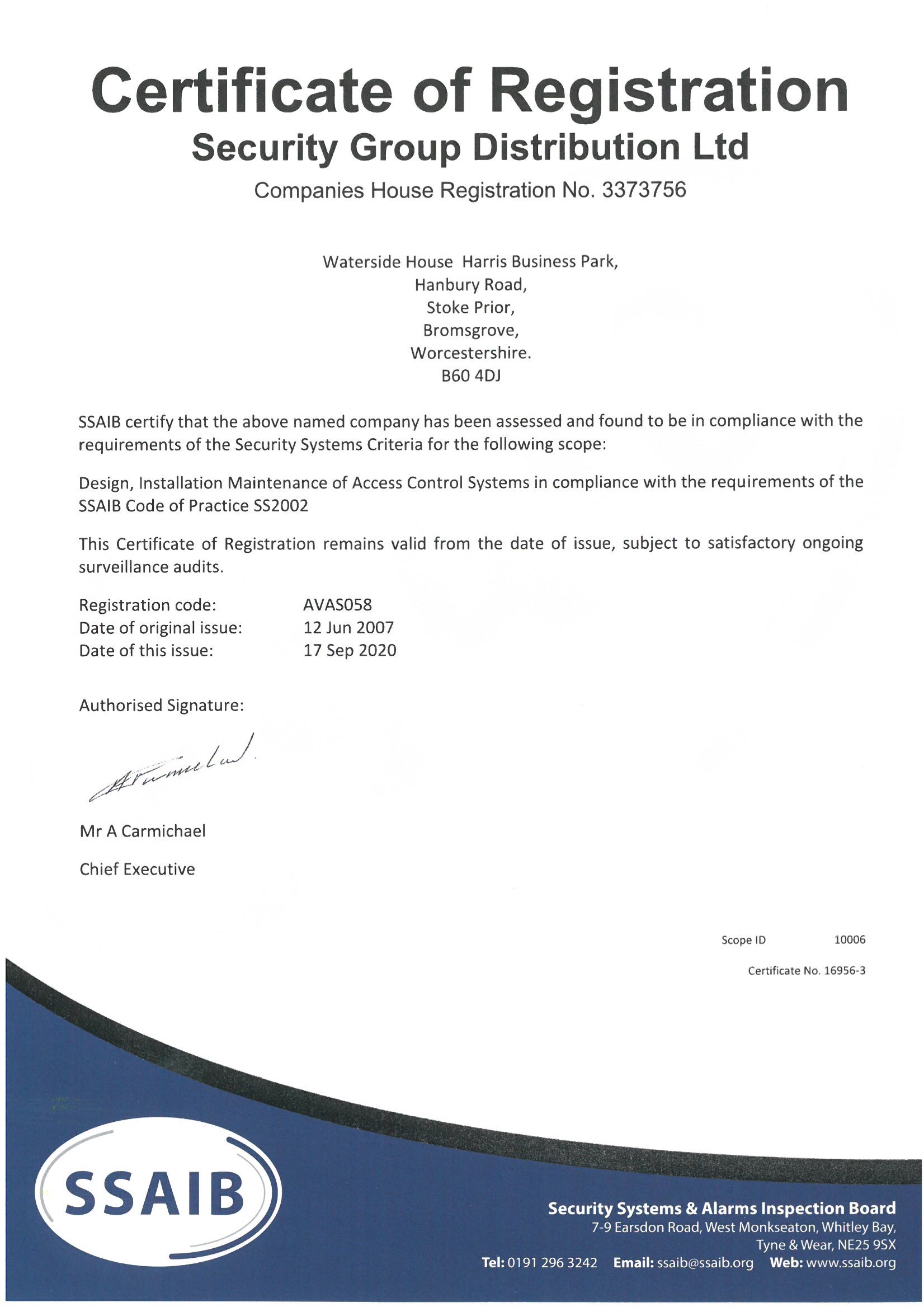 SSAIB Code of Practice SS2002 Certificate No. 16956